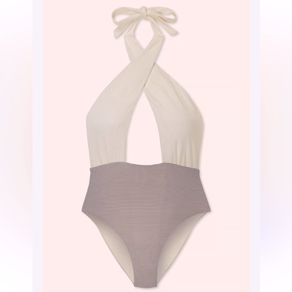 NWT Wet Magnolia Plunging Halter Swimsuit Umber Multi – Ribbed Cream Stripe $188